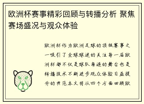 欧洲杯赛事精彩回顾与转播分析 聚焦赛场盛况与观众体验