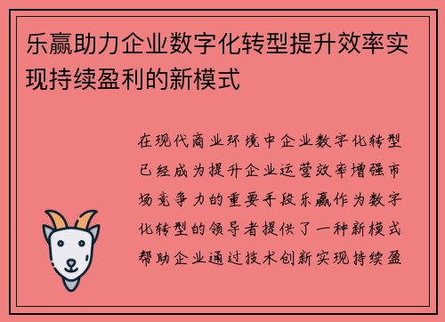 乐赢助力企业数字化转型提升效率实现持续盈利的新模式