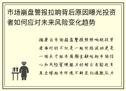 市场崩盘警报拉响背后原因曝光投资者如何应对未来风险变化趋势